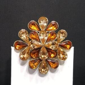 Vintage Topaz Rhinestone Flower Brooch Gold Tone Glass Floral Pin 2 Inch
